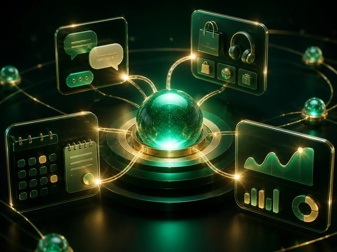 AI automation hub connecting customer chats, product listings, notes and business analytics