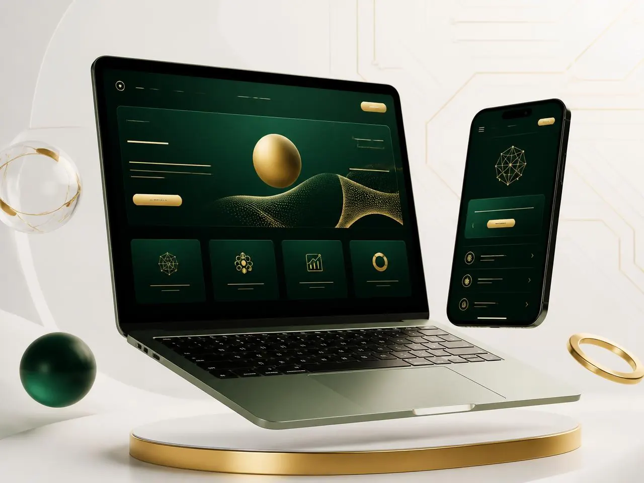 Modern business website shown on a laptop and phone with AI-powered dashboard elements